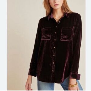 Anthropologie Maeve Karina Velvet Burgundy Button-Up Shirt